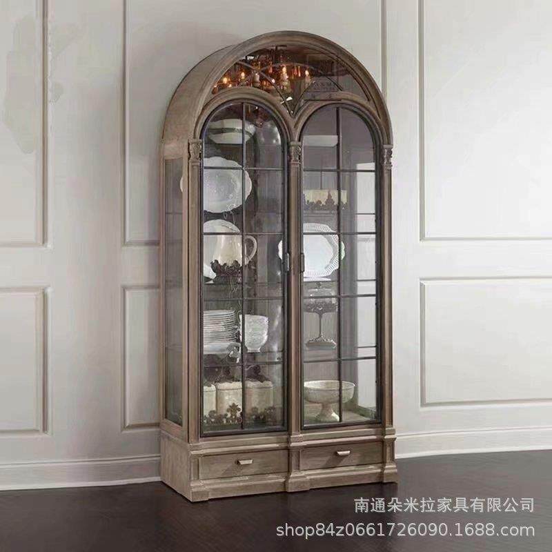 美式建筑复兴实木酒柜拱形半圆实木双门餐边客厅展示柜全实木碗柜