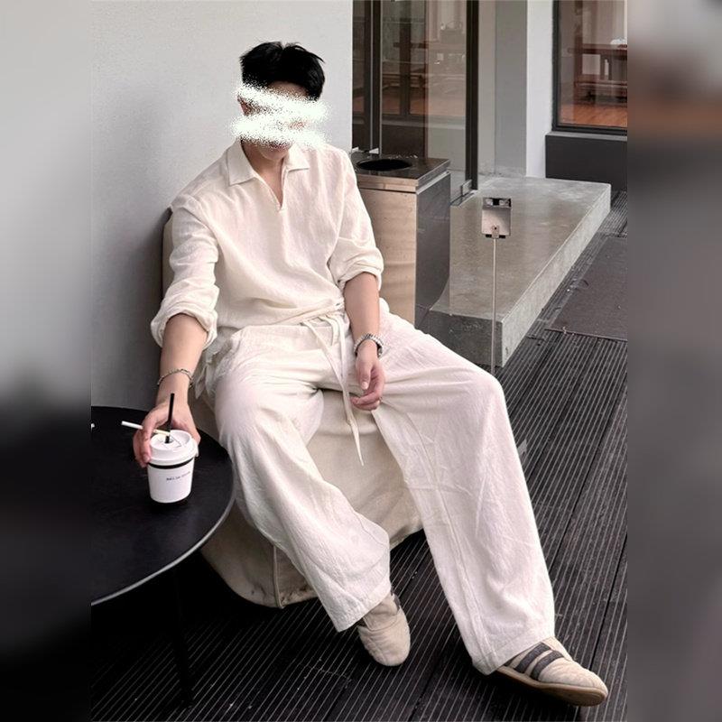 高端松弛感白色亚麻裤男2026夏季薄款慵懒风棉麻阔腿裤直筒休闲裤