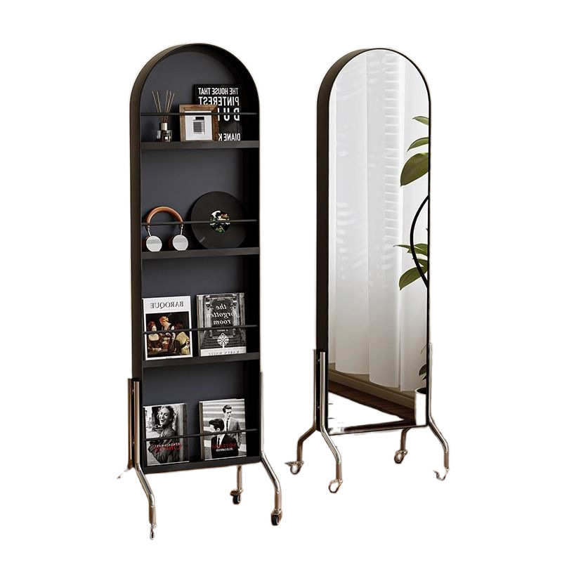 可移动镜子全身镜中古风收纳杂志架落地书报展示置物架旋转穿衣镜