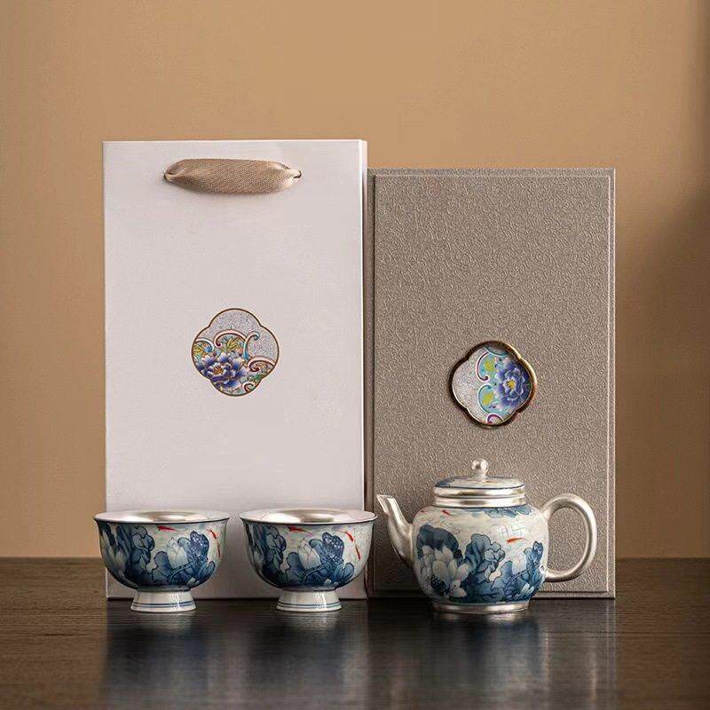 国家潮流高雅易接近豪华镀金银青花瓷一壶两杯银茶杯套装功夫茶具