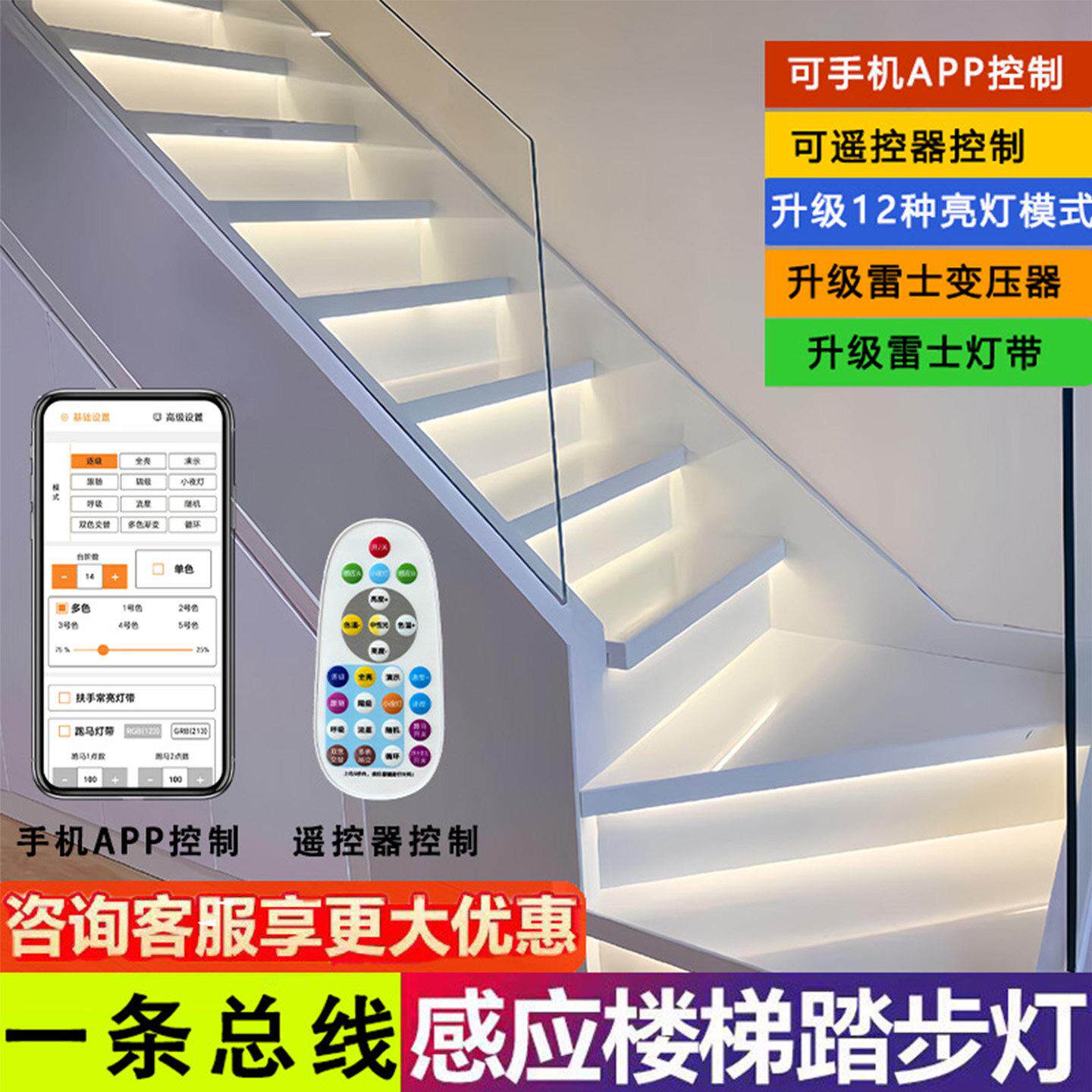 2025网红楼梯踏步智能感应台阶灯别墅室内免布线梯步灯带总线款