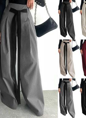 Women's Colorblock Tie Front Plicated Wide-Leg Pants, Casual