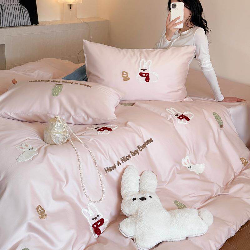 春夏100S长绒棉四件套少女心小兔毛巾绣全棉床上用品纯棉床单被套