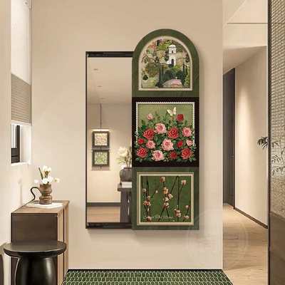 中古风穿衣镜隐藏暗藏式全身镜子法式奶油风推拉玄关装饰画高级感