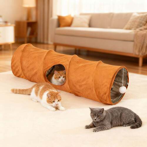 猫咪双层直通无卡通易折叠易收纳玩具猫解闷宠物用品麂皮绒猫通道