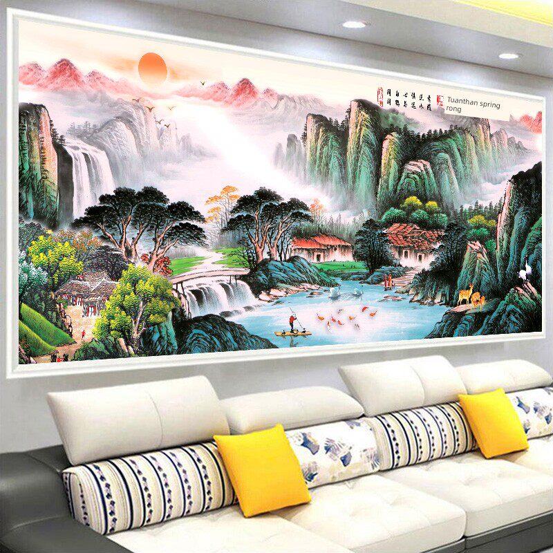 纯手工挑花成品富春山客厅沙发背景墙山水画裱框