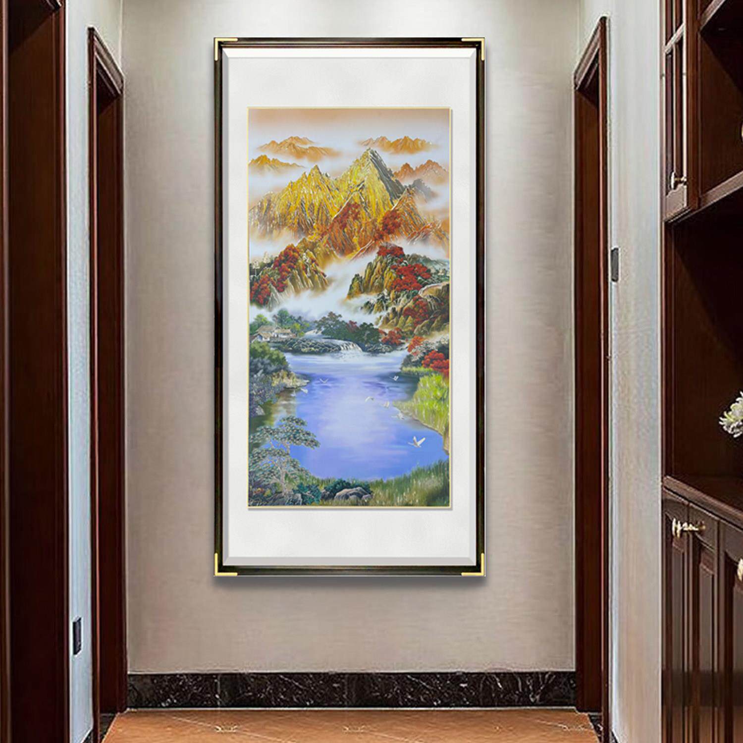 新中式玄关手工铜雕装饰画入户正对门山水画过道竖款日照金山挂画