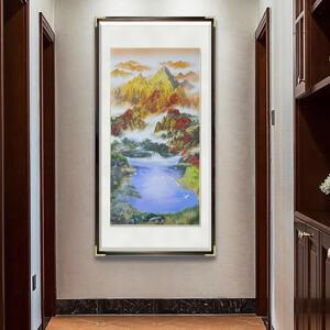 新中式玄关手工铜雕装饰画入户正对门山水画过道竖款日照金山挂画