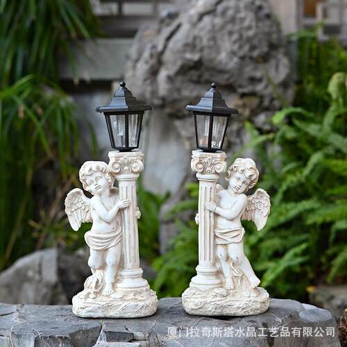 跨境花园罗马柱天使摆件太阳能夜灯庭院摆件欧式树脂天使摆件