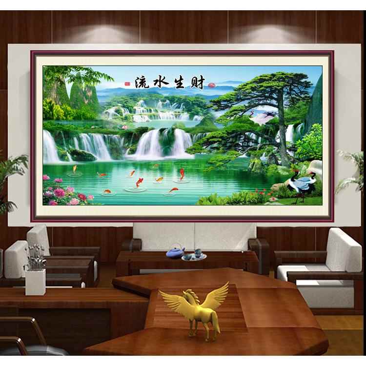 装饰画客厅沙发中式电视背景墙无框画芯山水风景流水生财迎客松