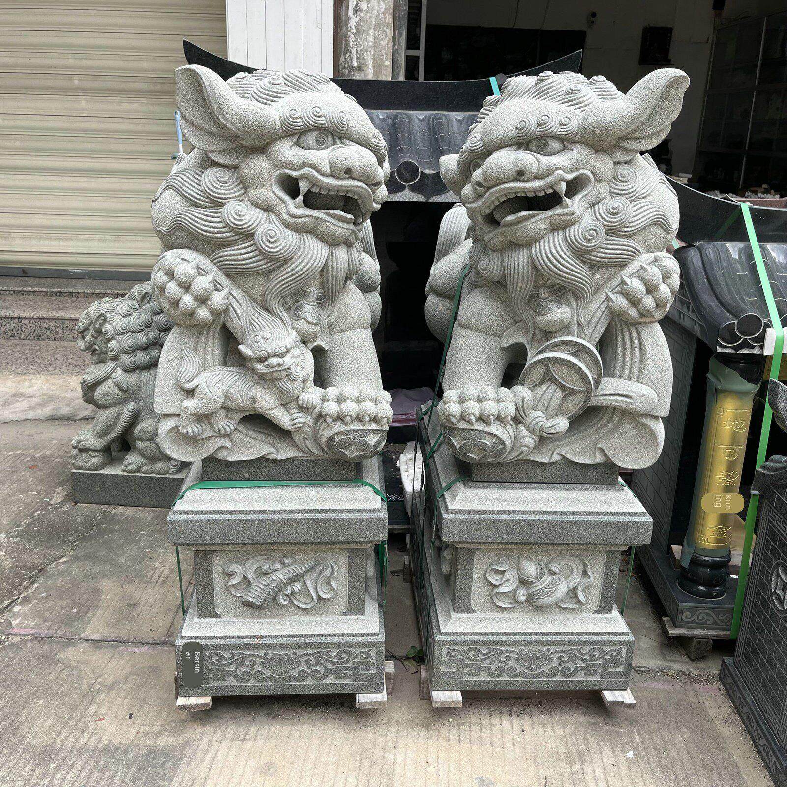 80cm青石花岗岩石雕狮子一对招财镇宅看门南狮寺庙摆件惠安石雕