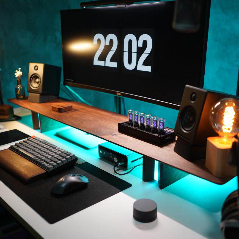 RGB炫彩黑胡桃实木显示器增高架垫电脑底座桌面键盘支架收纳架