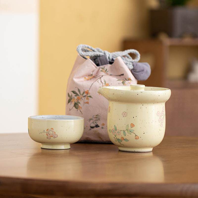 快客茶具旅行户外便携陶瓷釉上手绘繁花一壶一杯斑点黄大容量茶壶
