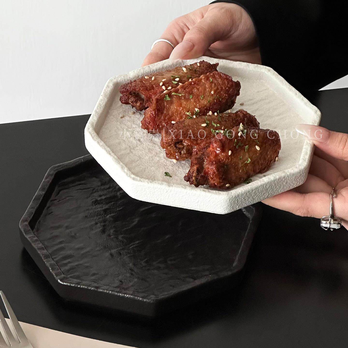 日式复古八角盘高级感松纹陶瓷盘甜品盘点心盘创意刺身料理盘菜盘