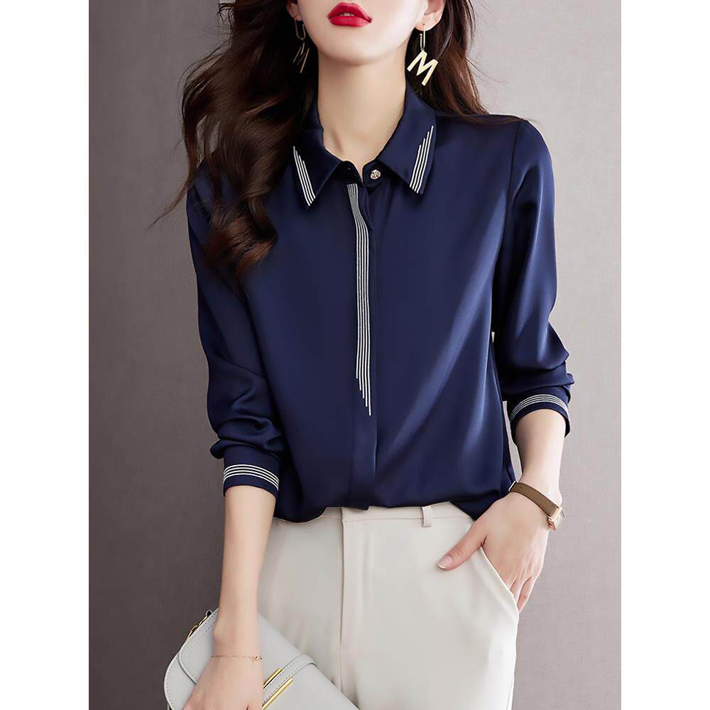 女装2025年秋装新款长袖女士气质雪纺衬衫高级感休闲上衣蓝色衬衣