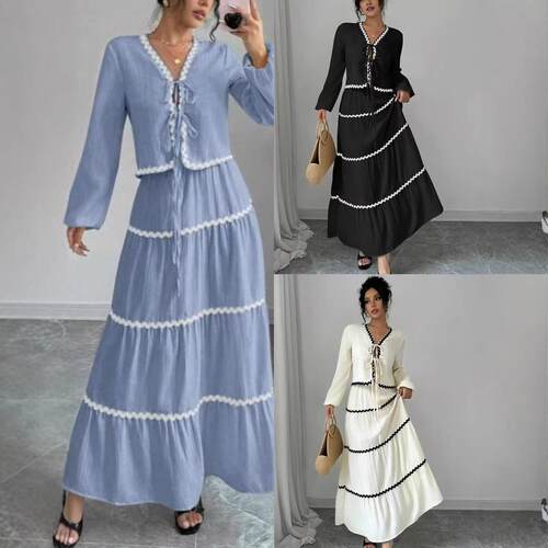 Lace layered lantern sleeve shirt and skirt set for women