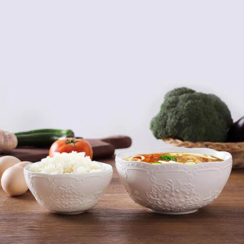 景德镇纯白色家用小汤碗骨瓷浮雕韩式面碗花边米饭碗陶瓷吃饭大碗