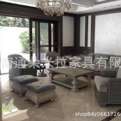 美式复古轻奢别墅客厅三人单人布艺实木沙发组合茶几脚凳组合