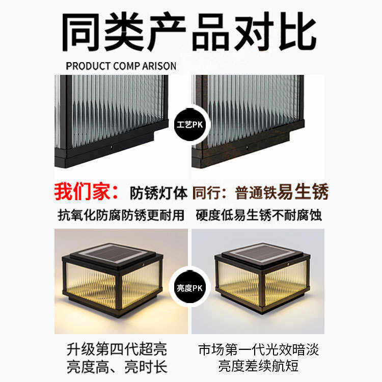 太阳能柱头灯现代方形钢化玻璃户外柱头灯别墅庭院立柱灯现货批发