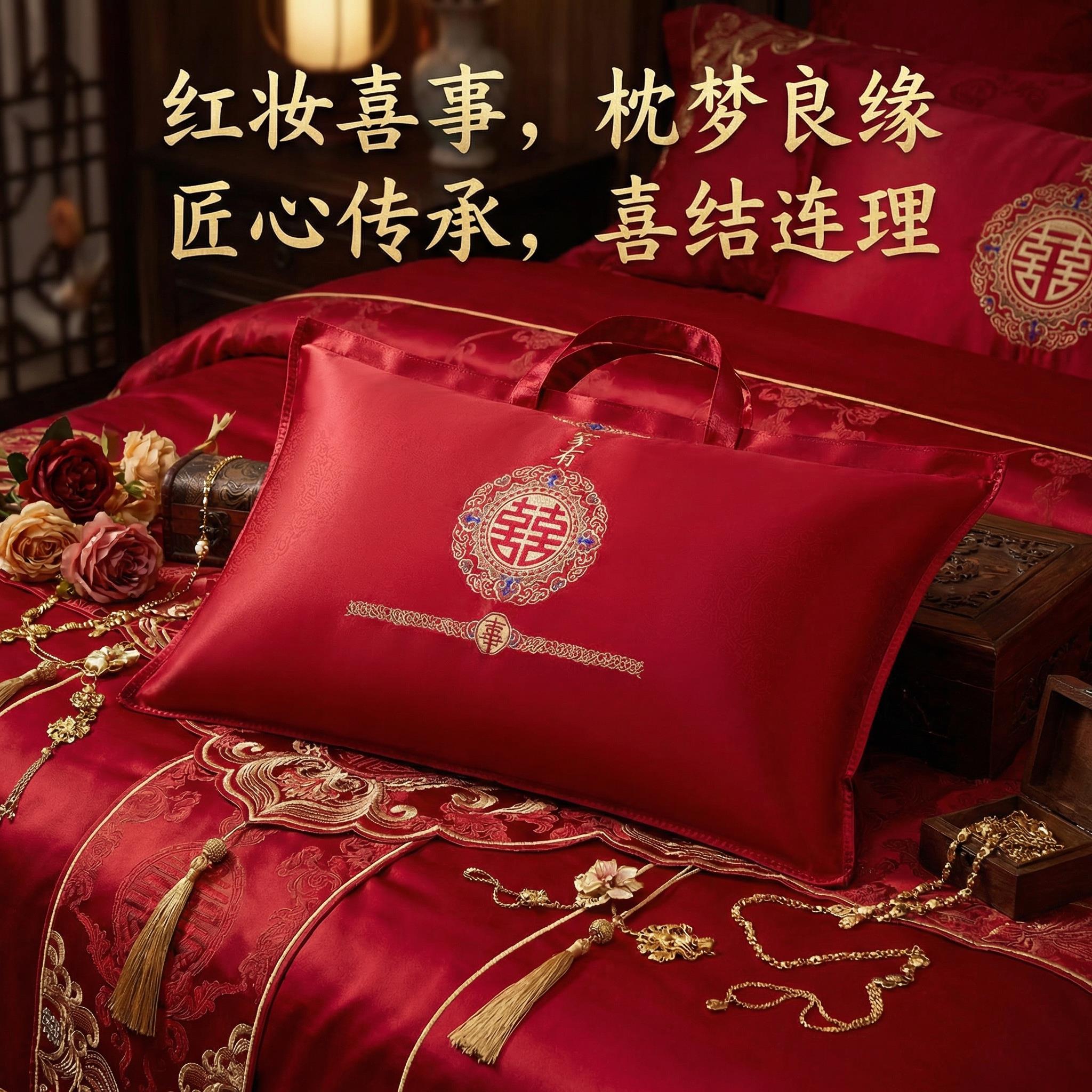 结婚枕头收纳袋陪嫁包装袋枕芯喜被超大红色手提刺绣四件套礼品袋图片