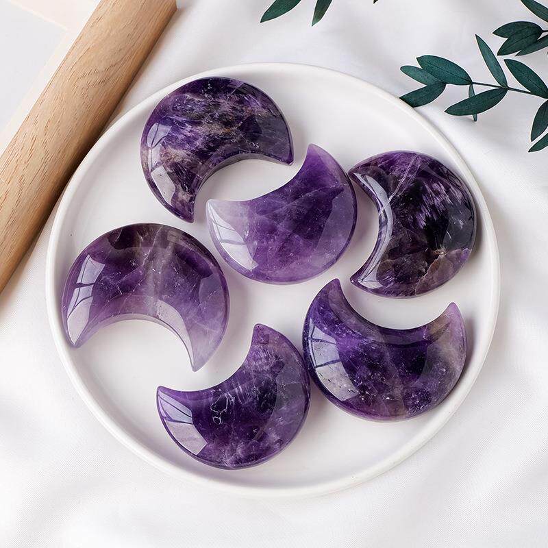 天然梦幻紫水晶月亮手把件原石打磨水晶工艺品家居装饰摆件