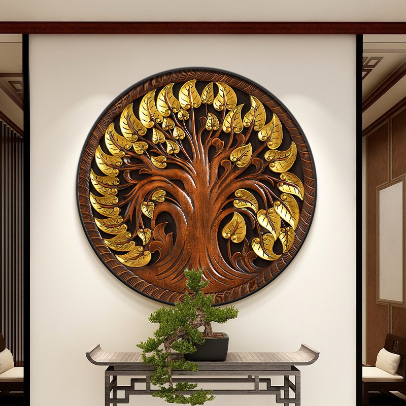 东南亚菩提树玄关装饰画 画泰式入户圆形挂画 画金色发财树走廊过