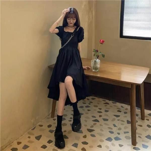 black tulle puff sleeves dress woman slim fit square collar