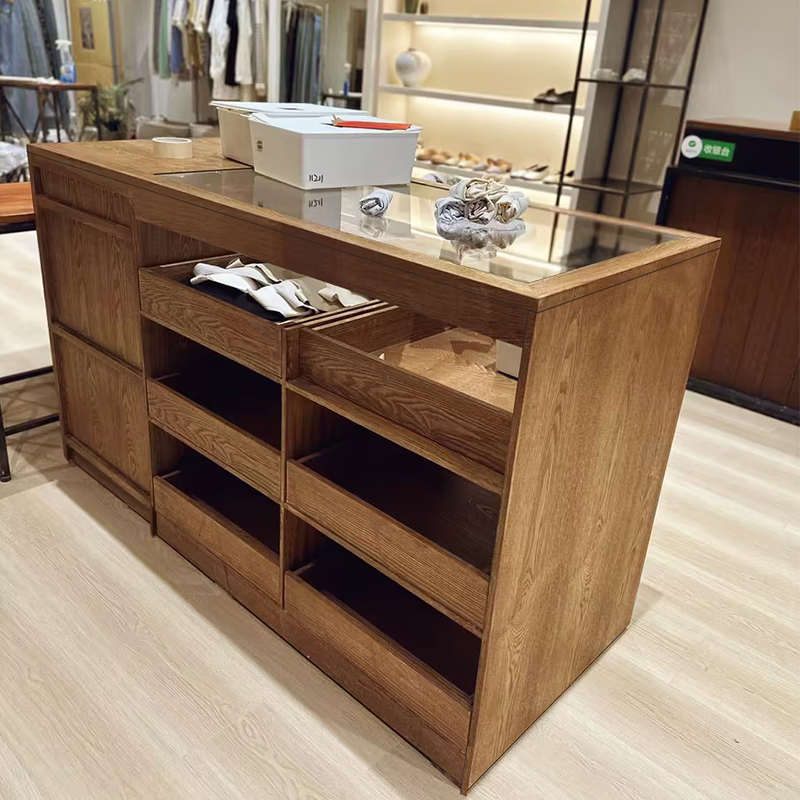胡桃木色中岛桌服装店陈列展示台免漆装饰柜摆件流水台带抽屉导台