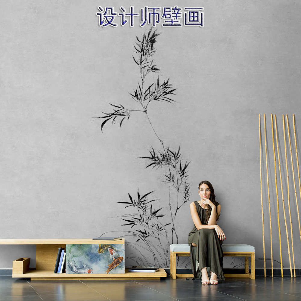 新中式古典淡雅水墨竹子电视背景墙纸禅意茶室酒店包厢养生馆壁纸