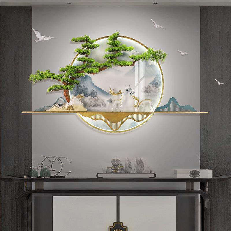 入户装饰画玄关新中式轻奢圆形沙发背景墙壁画中国风挂画客厅壁灯
