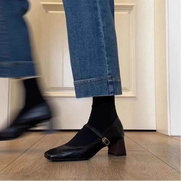 香港真皮覆古方头粗跟玛丽珍鞋女2025新款春秋法式一字带高跟单鞋