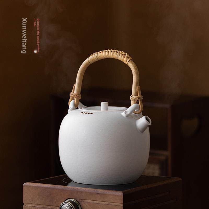 竹把陶瓷大号提梁壶|煮茶壶烧水壶大容量白陶粗陶壶电陶炉专用