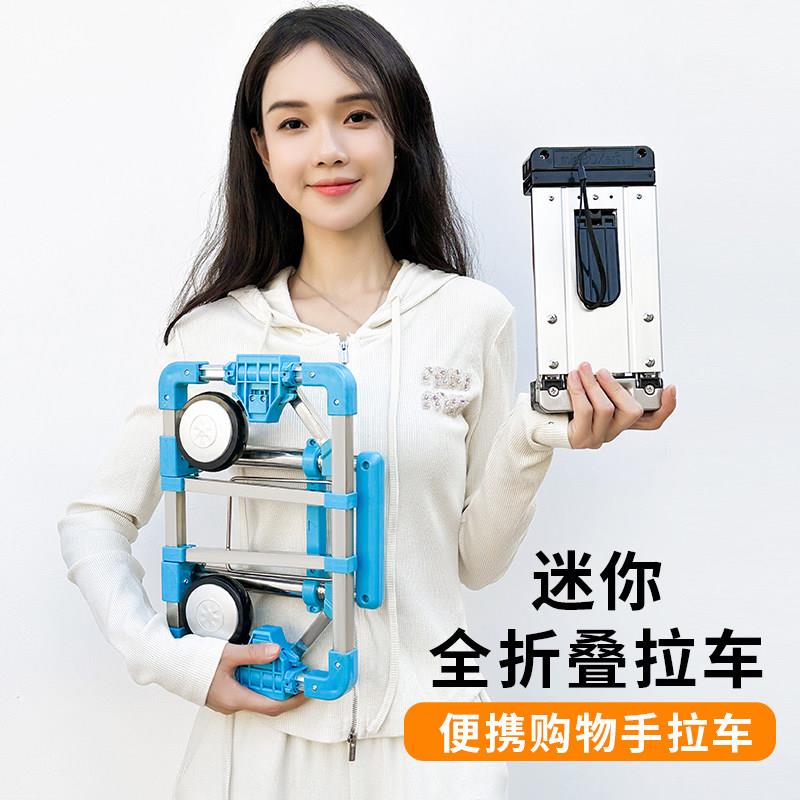 可折叠不锈钢便携购物车家用买菜拉杆车适用旅行静音拖车A4蓝款送