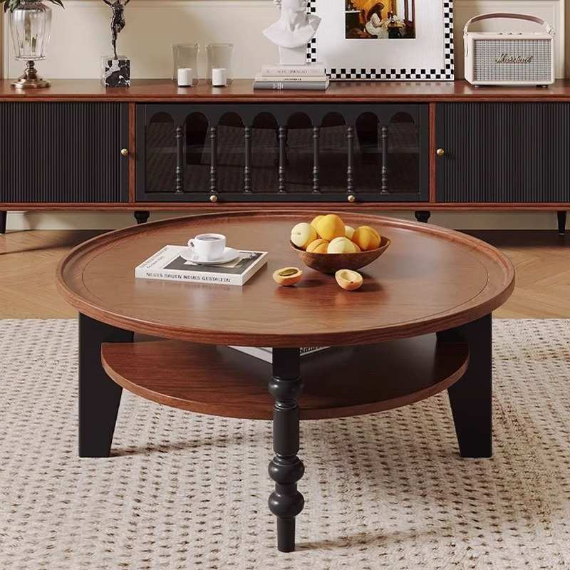 法式复古实木圆茶几客厅家用小户型小茶几美式中古茶桌小桌子边几