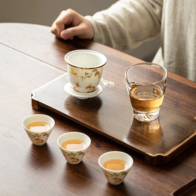 户外车载旅行茶具便携式羊脂玉白瓷盖碗快客杯玻璃泡茶器茶杯套装
