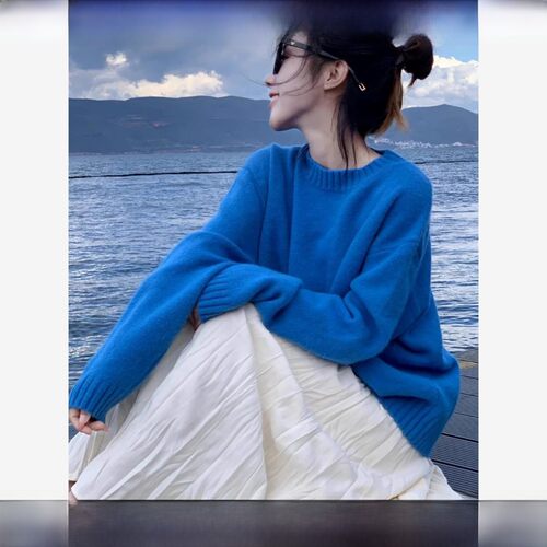 Rouje Tusse圆领Klein蓝色羊绒针织品妇女秋冬懒人风格羊毛宽松针