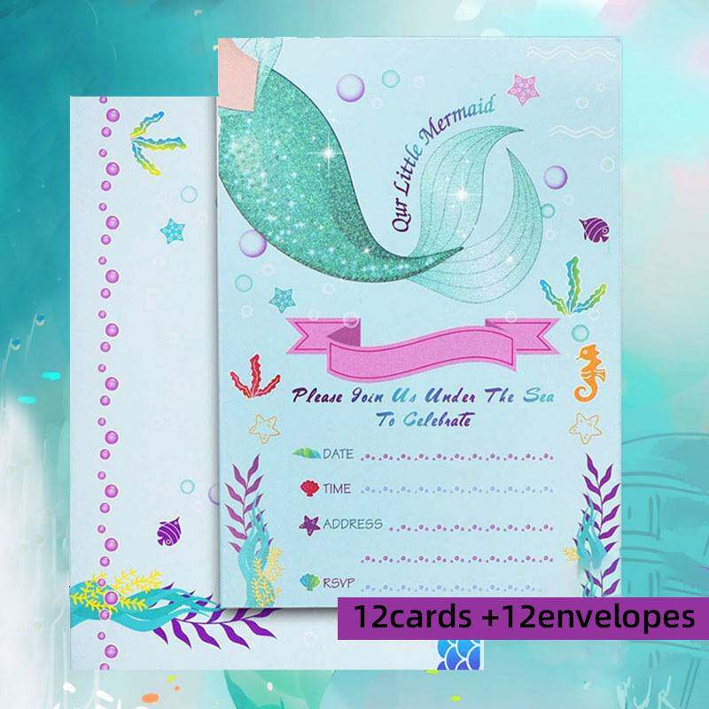 mermaid节日聚会蓝绿色美人鱼主题生日派对信封邀请卡