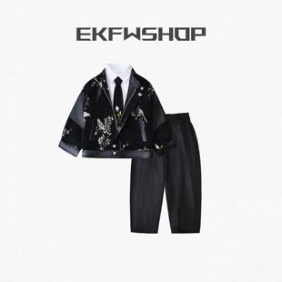 男童秋冬新款 中国风男宝宝痞帅绣花夹克立领外套儿童礼服 皮衣套装