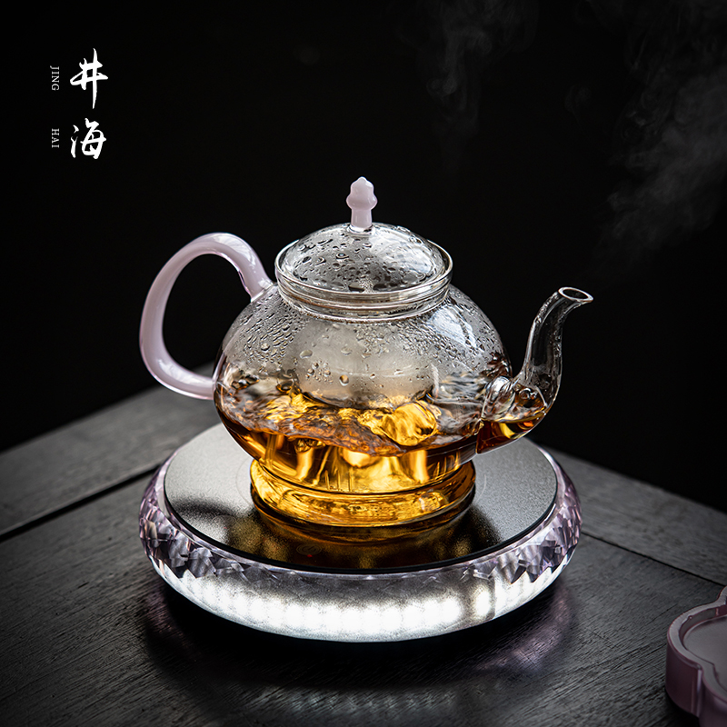 中式手工粉色提梁壶茶水分离花茶壶耐热玻璃煮茶壶高档水晶电陶炉