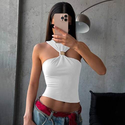 Off shoulder metal decorative back tight vest top