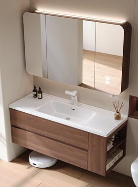 陶瓷一体盆浴室柜组合侧边收纳中古风胡桃木洗手盆柜洗脸盆洗漱池