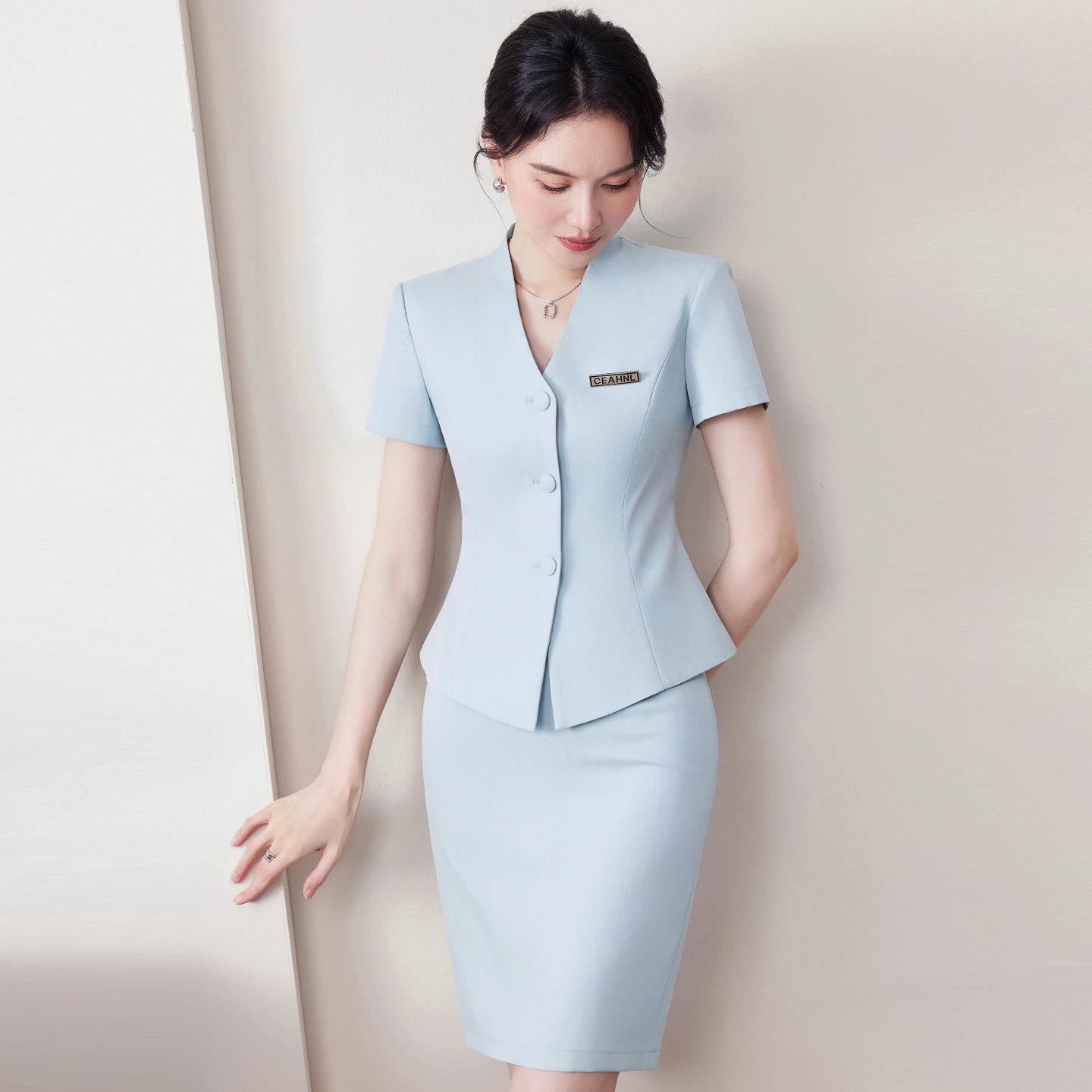 浅绿色短袖V领西装女2026新款美容院工作服夏季美业高端职业套装图片