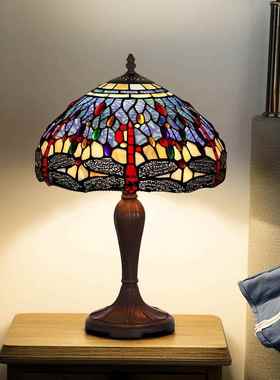 14寸紫色蜻蜓帝凡尼台灯美式简约手工彩玻客厅卧室台灯