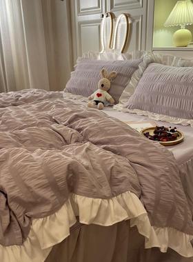 正品韩式优雅紫色四色公件套泡泡花边舍被套纯床裙主风学生宿三件