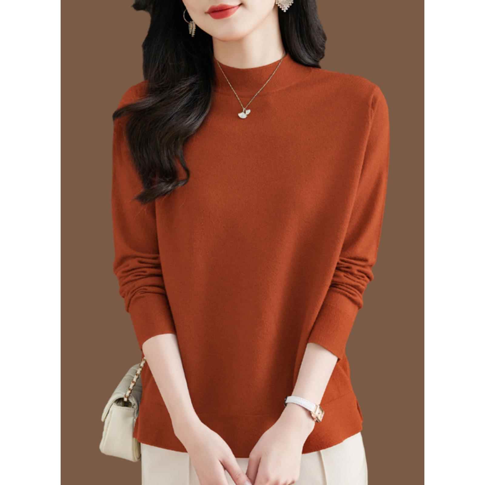 春秋新款桑蚕丝t恤女式长袖上底衬衫时尚半高领薄冰丝针织衫