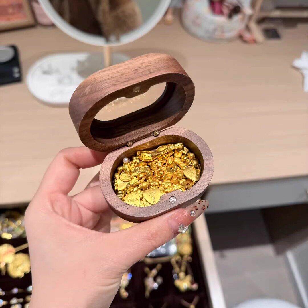 小金豆豆收纳盒桌面复古木质黄金首饰盒带盖防尘开窗金条展示盒子