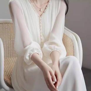 白色真丝长袖连衣裙女夏季法式轻奢高级感超好看气质绝美度假裙子