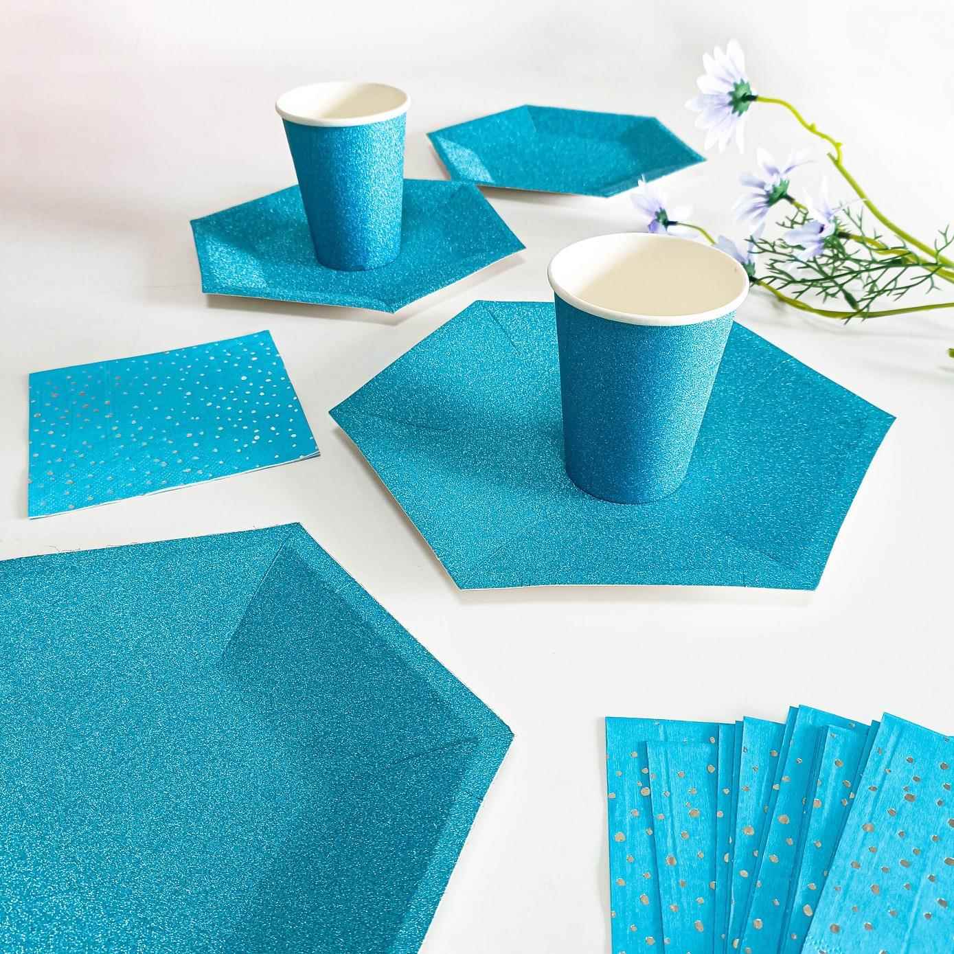 跨境磨砂蓝色餐具套装纸盘纸杯纸巾生日派对甜品蛋糕纸盘工厂直销