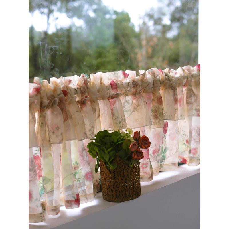 新品美式田园免打孔咖啡帘短帘碎花小窗帘半截纱帘唯美厨房门帘