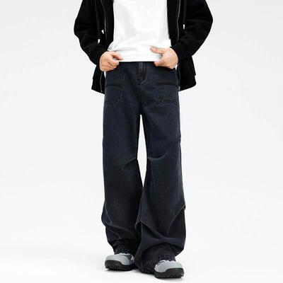 AWRB宽松阔腿褶皱牛仔裤男春秋季水洗深色口袋工装设计感休闲 裤